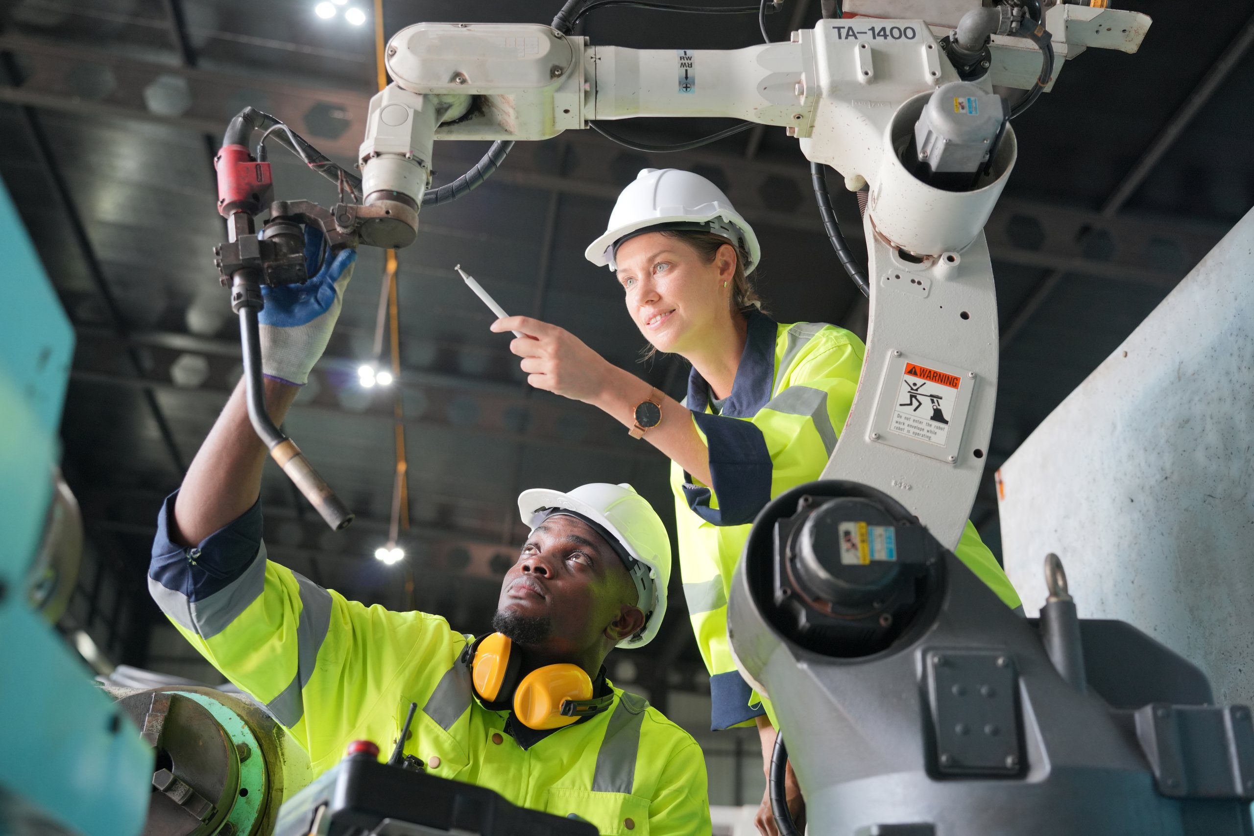 Robotic Arm modern industrial technology. Industrial robots production Machine Controls Integration